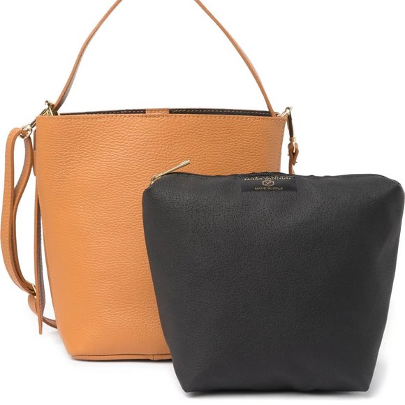 LUISA VANNINI Cognac/Black Leather Tote Bag with Removable Zip Insert Bag - Picture 1 of 5
